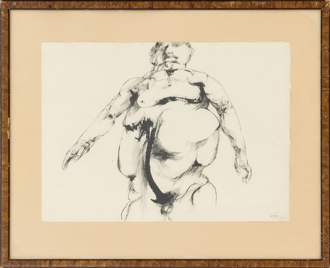 Leonard Baskin "Forward Man" Ink, 1964: Leonard Baskin (American, 1922-2000), "Forward Man", Ink on Paper, 1964, signed and dated lower right, Grace Borgenicht Gallery Inc. label verso, partial ebonized wood frame. Image: 11" H x 15.25" W; 
