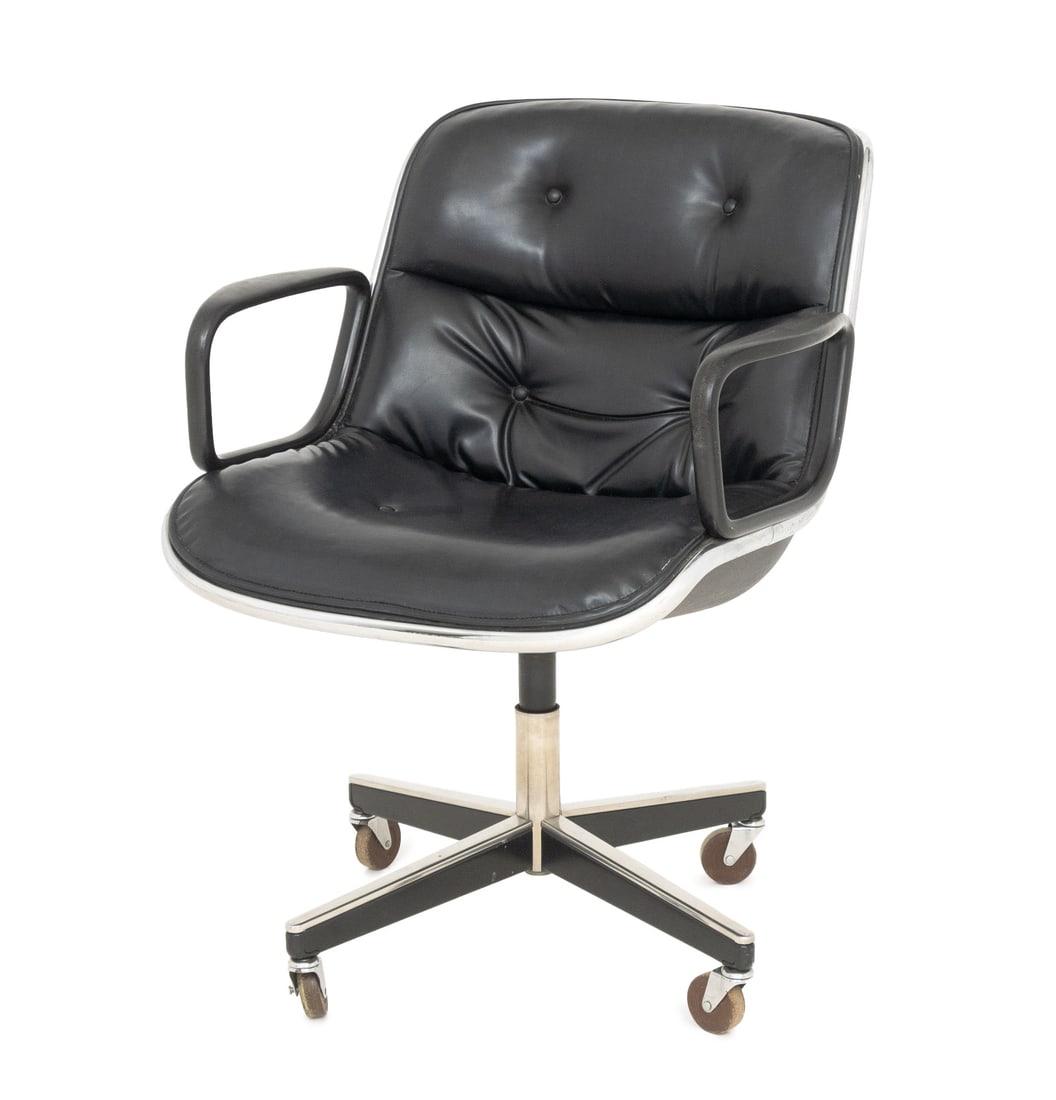 Charles Pollock Executive Chair: Charles Pollock Executive Chair, the swivel chair with black leather upholstered seat on chrome-plated frame and four star base on casters. 33.75" H x 24" W x 26" D; seat: 20.5" H. Provenance: The Mor