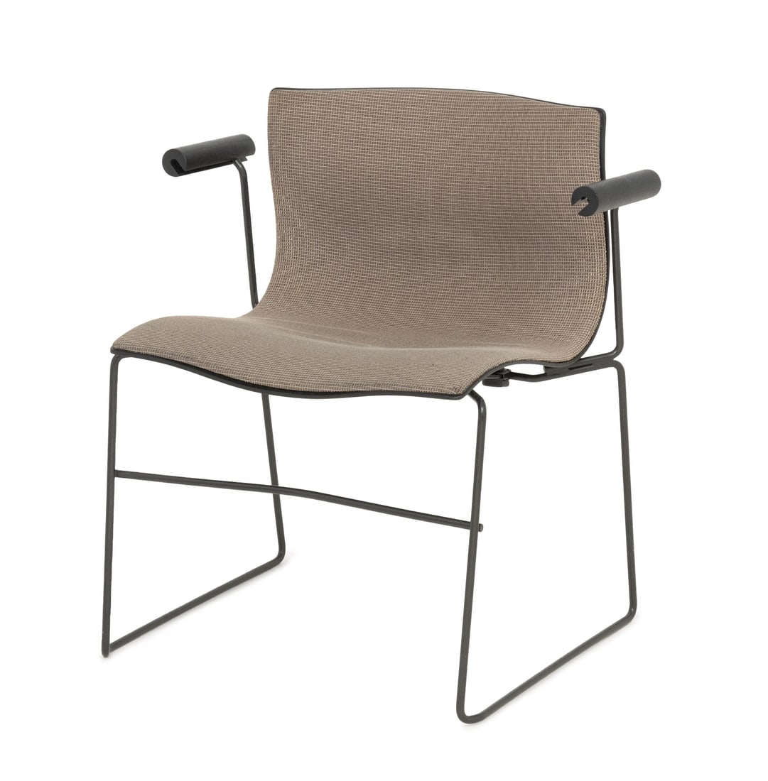 Vignelli Designs x Knoll "Handkerchief" Armchair: Vignelli Designs for Knoll Studio "Handkerchief" Arm Chair, 1989, with beige patterned upholstered seat and back on enameled steel frame, "Vignelli Designs / Knoll Studio / 1989" label to underside.