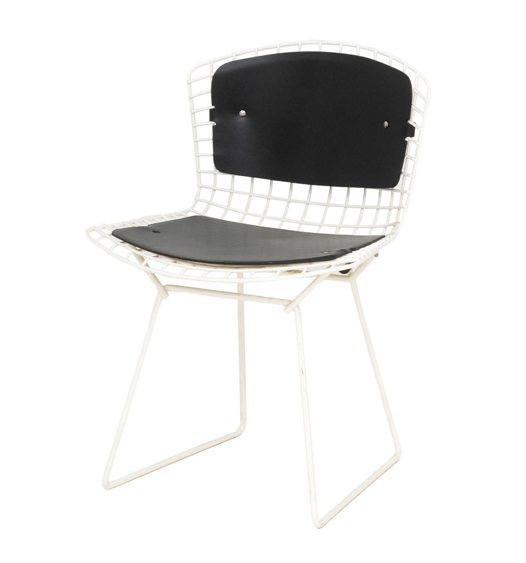 Harry Bertoia Wire Side Chair: Harry Bertoia Wire Side Chair, white enamel frame with attached black cushions. 30" H x 21" W x 19" D; seat: 18" H. Provenance: The Morningside Heights Estate of an Academic. Keywords: Vintage