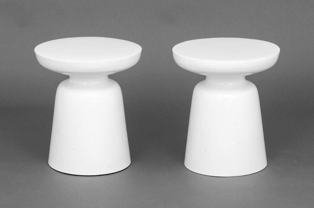 Modern White Enameled Metal Stools, Pair: Pair of Modern White Enameled Metal Stools or Side Tables. 16.5" H x 15" Diameter. Provenance: From a SoHo, New York Collection. Keywords: Modern Furniture, Seating, End tables, Minimalist, Minimalism