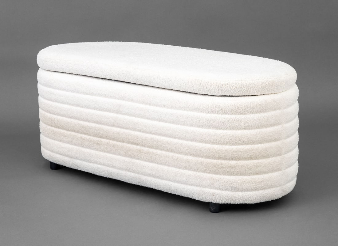 Contemporary Boucle Upholstered Storage Bench: Contemporary White Boucle Upholstered Storage Bench, Chairus Inc. label to underside. 18" H x 44" W x 16.5" D. Provenance: From a Park Avenue South Estate. Keywords: Contemporary Furniture, Blanket