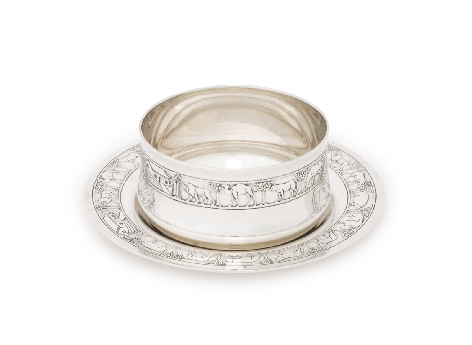 Tiffany & Co. Makers Sterling Silver Bowl & Saucer: Tiffany and Company Makers Sterling Silver Children's Bowl and Saucer, 1907-1947, with Noah's ark animal motif, marked "Tiffany & Co. / 20731 A Makers 6076 / Sterling Silver / 925-1000 / m" to