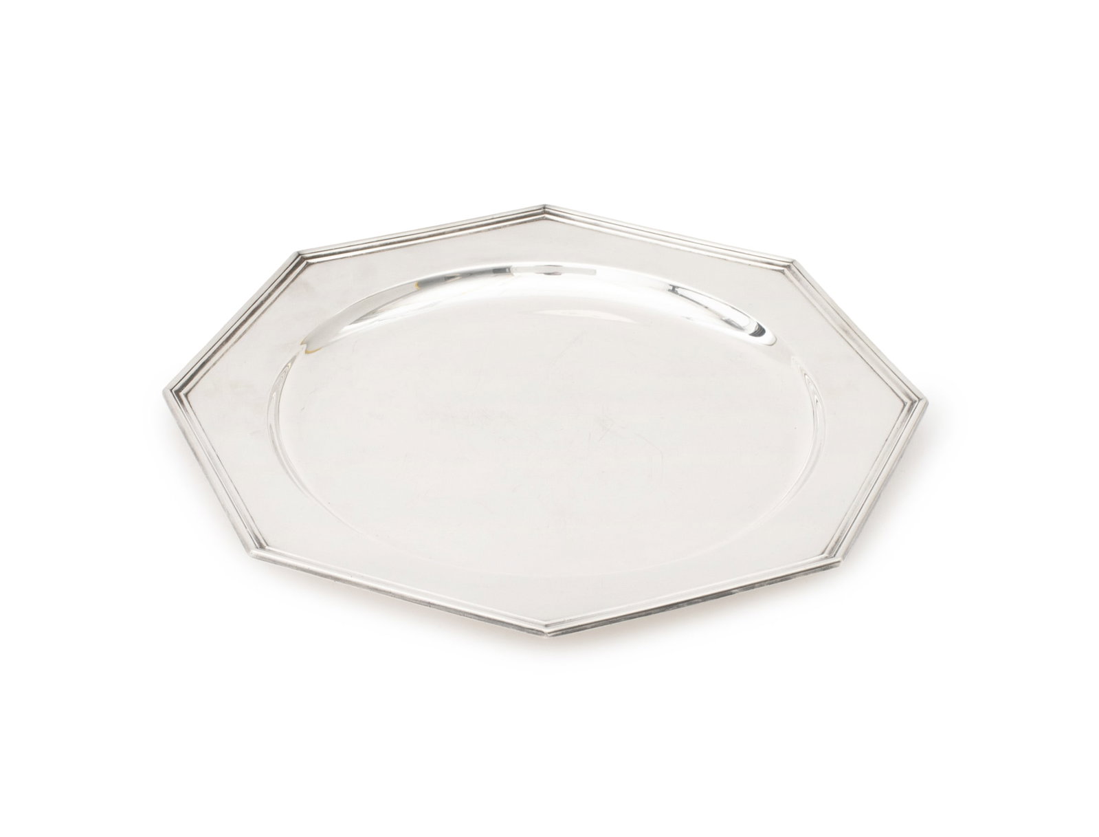 Cartier Sterling Silver Octagonal Platter: Cartier Sterling Silver Octagonal Platter, marked "Cartier / Sterling / 925-1000" to underside. Weight: 25.32 ozt.; 12" W x 12" D. Provenance: From a New Mexico Collection. Keywords: Luxury goods,