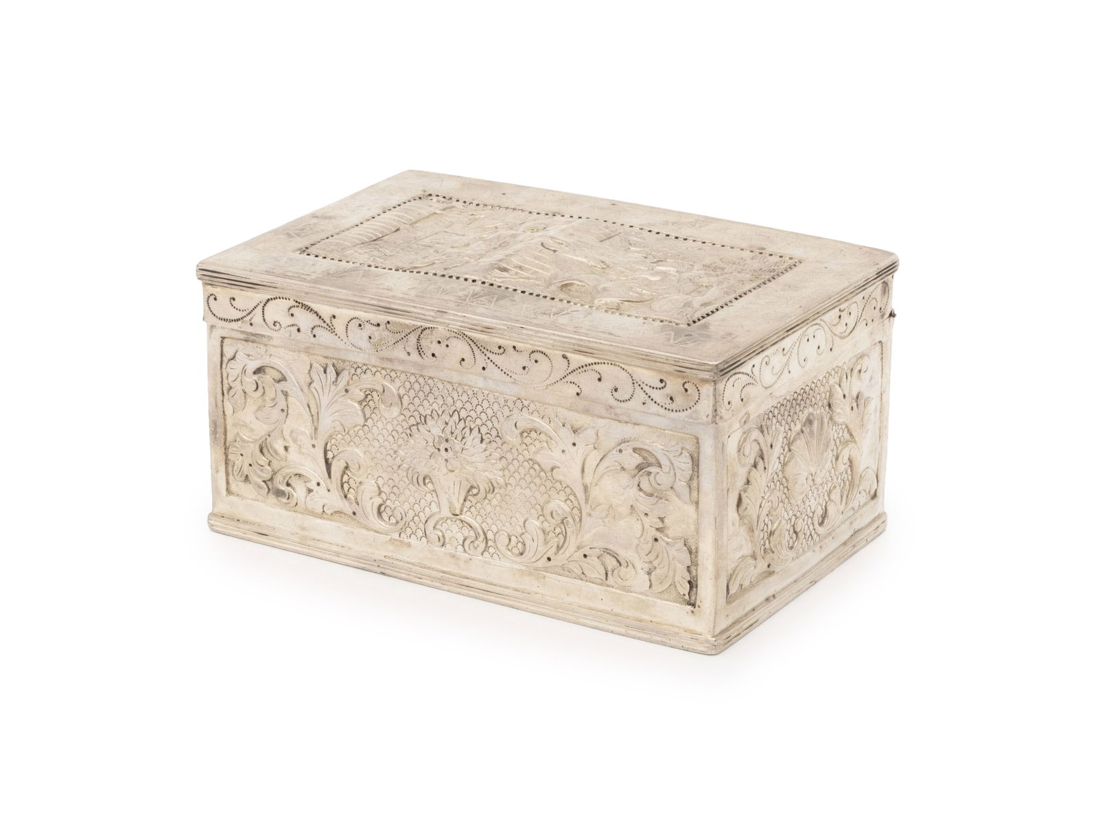 European Silver Repousse Hinged Box, 19th C.: European .833 Silver Repousse Decorated Hinged Box, probably Dutch, 19th century, struck with hallmarks, with figural scene to lid and foliate motif with shells and bouquets. Weight: 14.50 ozt.; 3" H