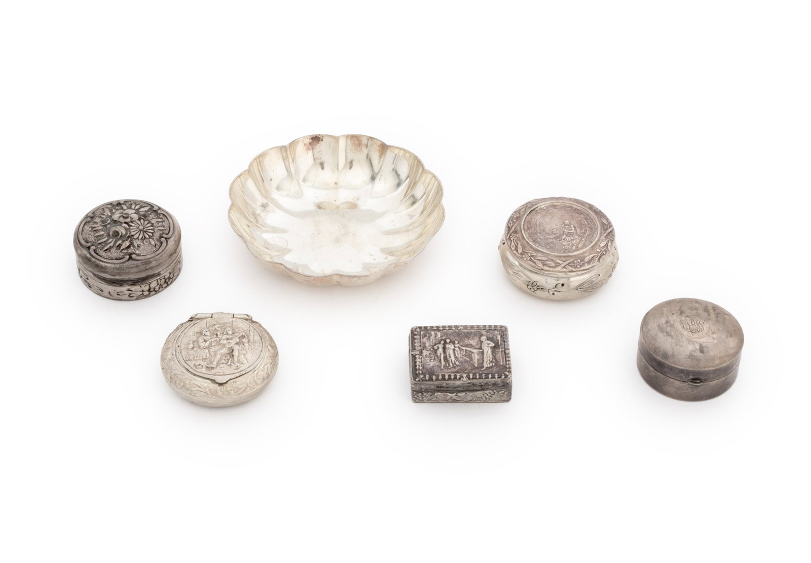 Tiffany & Co., Etc. Silver Boxes and Ring Dish, 6: Collection of Six Embossed Silver Boxes and Ring Dish, comprising: Tiffany and Co. Makers sterling silver scalloped ring dish, marked "Tiffany & Co. / Makers / Sterling / 22931 / M" to underside,
