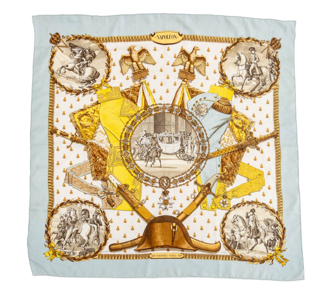 Hermes "Napoleon" Silk Scarf: Hermes "Napoleon" Pattern Silk Scarf, designed by Philippe Ledoux, with light blue ground and embroidered bee motif. 35" L x 35" W. Provenance: From a New York City Collection. Keywords: Fashion,