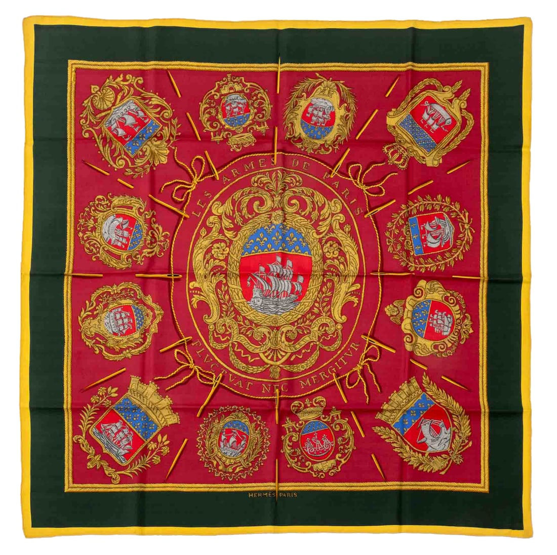 Hermes "Les Armes de Paris" Silk Scarf: Hermes "Les Armes de Paris" Pattern Silk Scarf, naval motifs on a red ground, in box. 36" L x 36" W. Provenance: A Brooklyn Heights, New York Estate. Keywords: Fashion, French, Designer, Symbols, Ship