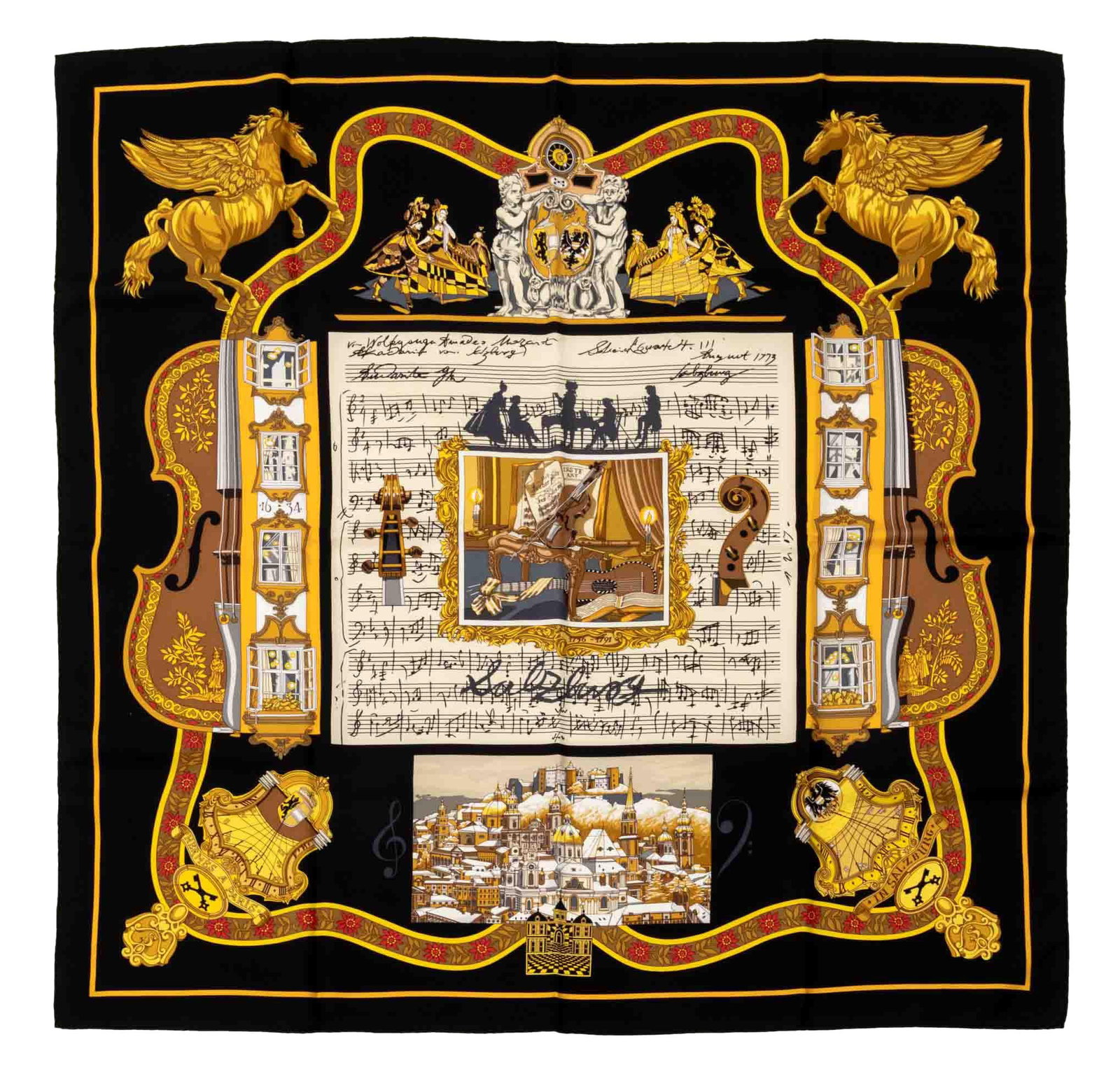 Hermes "Salzburg" Silk Scarf: Hermes "Salzburg" Pattern Silk Scarf, depicting sheet music and violins, inspired by the home city of Wolfgang Amadeus Mozart, on black ground, with Hermes box. 34.5" L x 34.5" W. Provenance: A