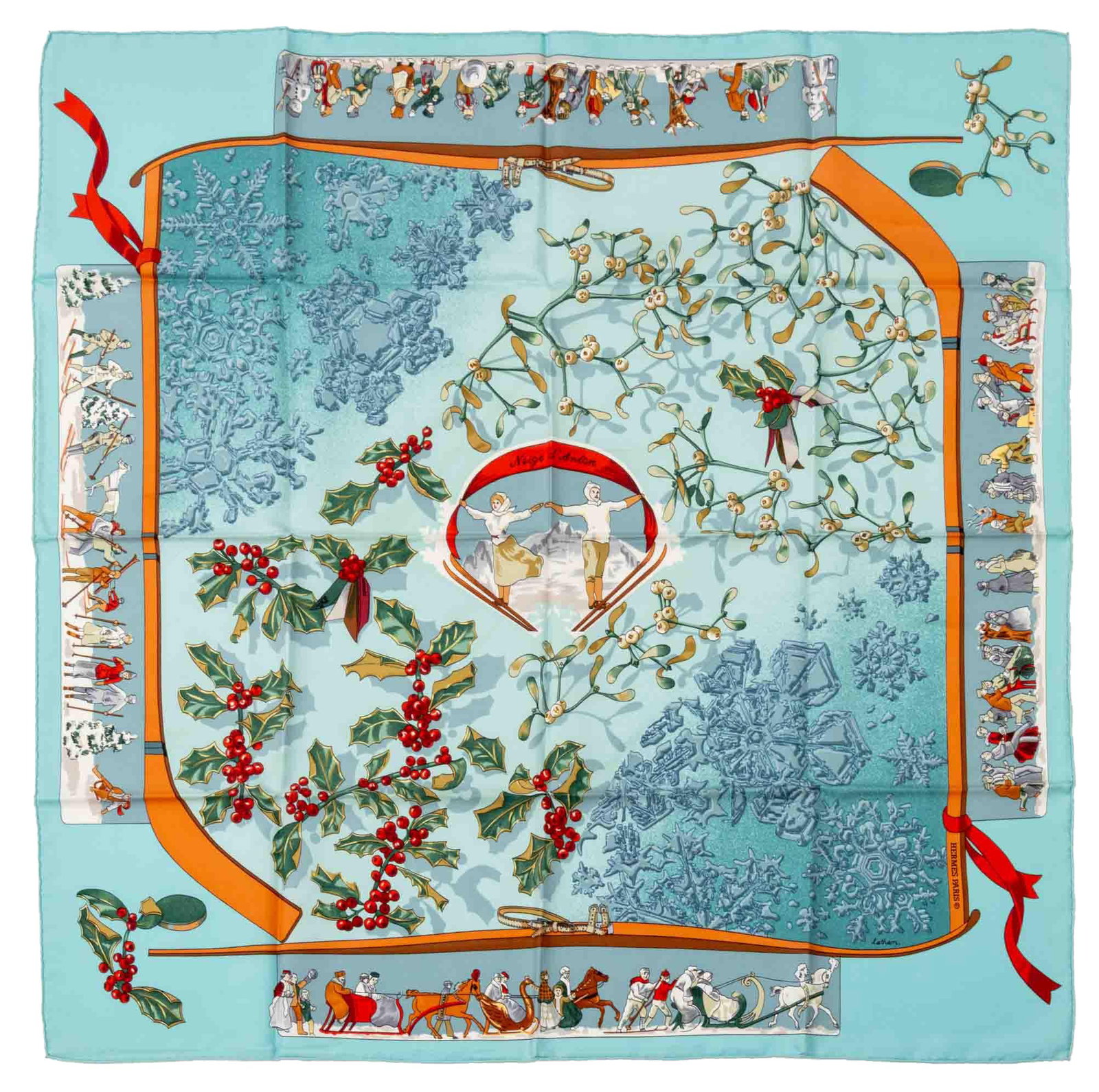 Hermes "Neige d'Antan" Silk Scarf: Hermes "Neige d'Antan" [Snows of Yesteryear] Pattern Silk Scarf, 1989, designed by Caty Latham. 34.5" L x 35.25" W. Provenance: A Brooklyn Heights, New York Estate. Keywords: Fashion, French,