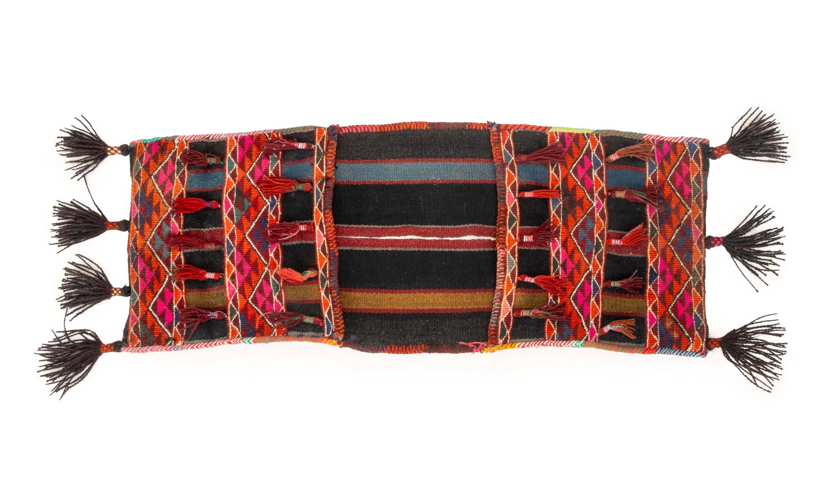 Persian Kilim Saddle Bag: Persian Kilim Wool Saddle Bag, with multicolored geometric design with black, red, and gray ground and tassels. 57" L x 20.5" W. Provenance: From a Long Island, New York Estate. Keywords: Vintage,