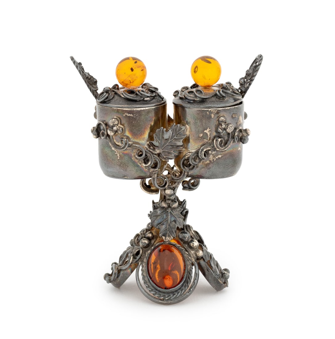 Polish Amber & Sterling Silver Double Salt Cellar: Polish Amber Mounted Sterling Silver Double Salt Cellar, with fitted lids, grapevine motif, amber cabochons, and matching salt spoons, struck with Polish hallmarks and maker's mark "MB" on quatrefoil