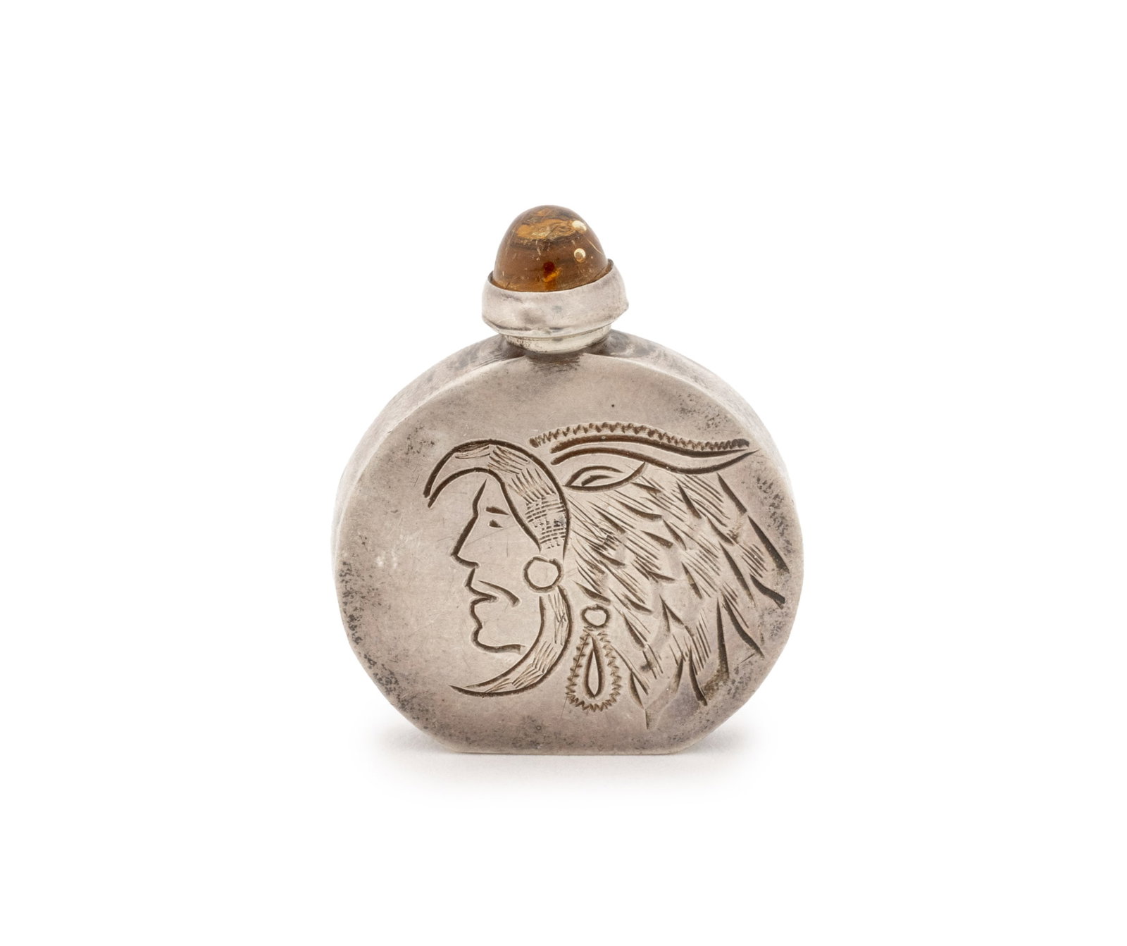 American Indian Bust Motif Silver Snuff Bottle: American Indian Chief Bust Motif Engraved Sterling Silver Snuff Bottle, the spoon stopper with yellow gripoix cabochon, the underside marked "Sterling / 925 / MP". Weight: 0.22 ozt. inclusive; 1.5" H 