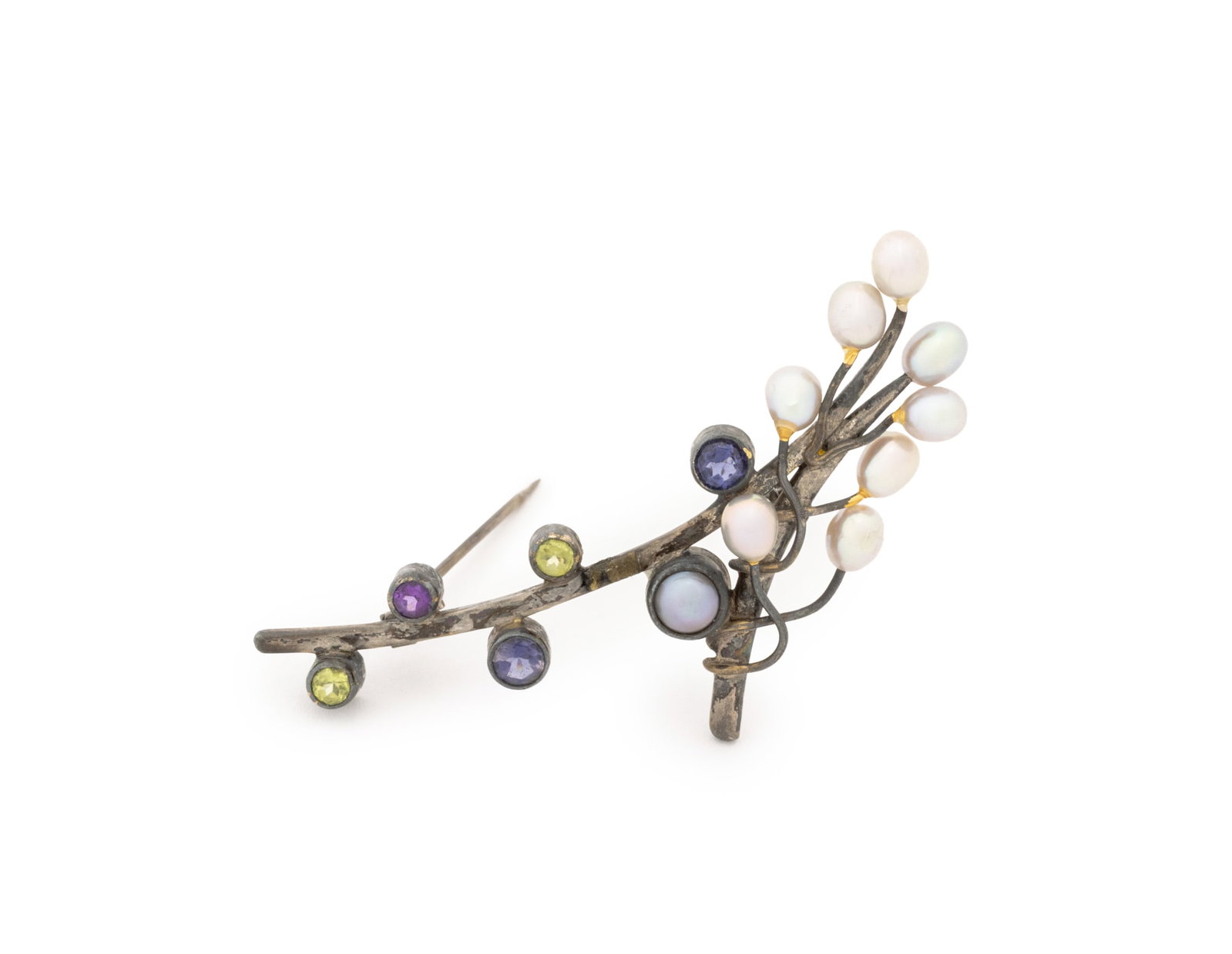 Amethyst, Cultured Pearl, Peridot, and Silver Pin: Amethyst, Cultured Pearl, Peridot, and Sterling Silver Pin, designed as a tree branch decorated with eight drop cultured pearls and one bezel set Tahitian cultured pearl approx. 4.0 - 5.0 mm.,