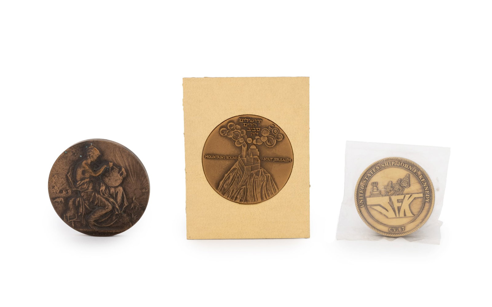 Collection of Bronze Medallions, 3: Bronze Medallion Set, featuring three medallions, first medallion a 1966 Israel State Medal commemorating the ancient Bar Kochba coin of Jerusalem, second medallion a US Navy Chief Petty Officer