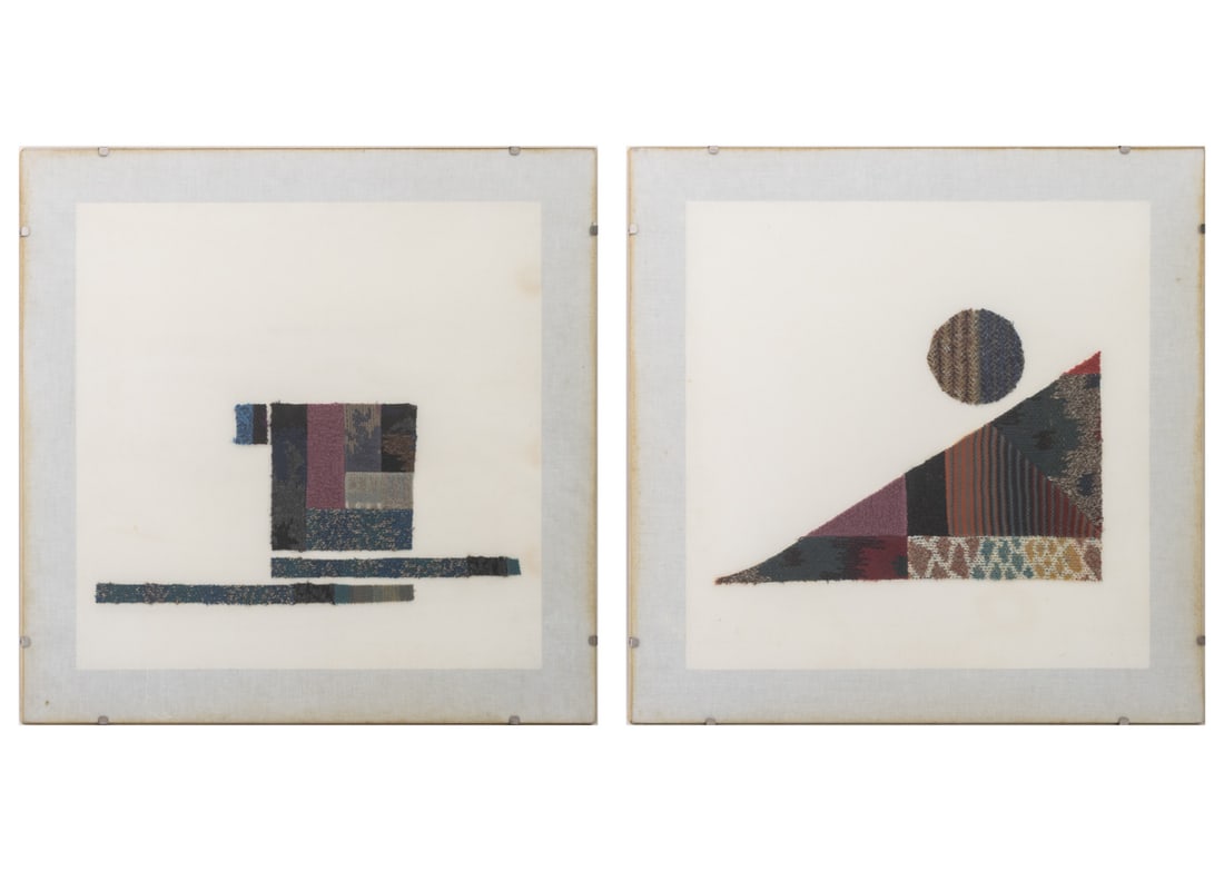 Giorgio Saporiti for Missoni Framed Textiles, 2: Two Giorgio Saporiti for Missoni Framed Textiles, 1985, mounted on paper on wood panel, both marked "Giorgio Saporitit / Nov. 85" verso. Each overall: 29.5" H x 29.5" W x 2" D. Provenance: From a Vint