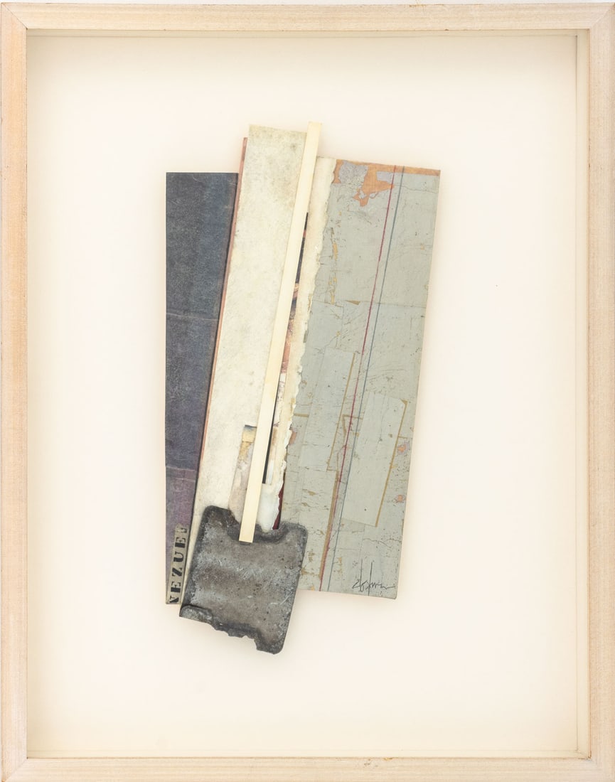 Bruce Dorfman "Past Imperfect" Mixed Media, 1998: Bruce Dorfman (American, b. 1936), "Past Imperfect", Mixed Media, 1998, signed lower right, The Reece Galleries, Inc. label verso, cerused wood frame. Image: 13" H x 6.5" W; frame: 19" H x 15" W x