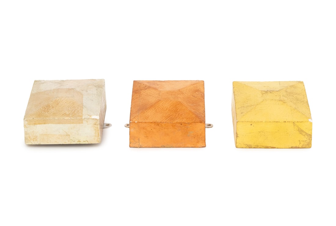 Joseph L. Gardella Metallic Painted Sculptures, 3: Joseph Gardella (American, XX-XXI) Set of Three Metallic Painted Geometric Metallic Painted Plaster Sculptures, in three tones, artist's estate stamps to reverses. 1.5" H x 4.5" W x 3.5" D. Provenance