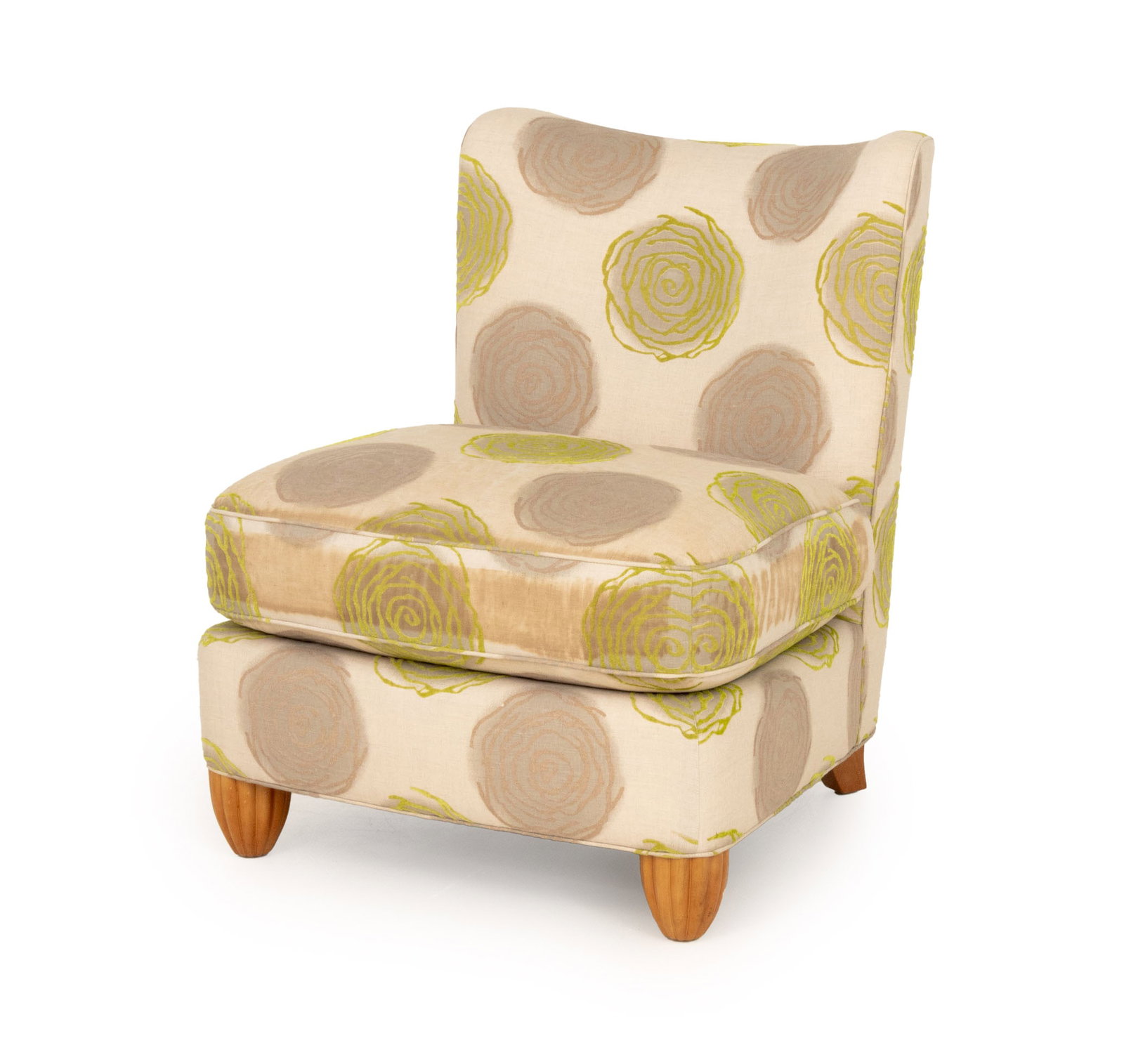 Baker Art Deco Style Upholstered Slipper Chair: Baker Art Deco Style Upholstered Slipper Chair, on four reeded bun feet, Baker Furniture label to underside. 24.5" H x 28.5" W x 31" D; seat: 19" H. Provenance: From an Upper East Side Estate. Keyword