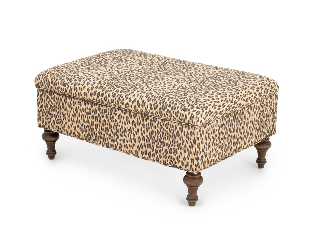 George Smith Style Leopard Print Ottoman: George Smith Style Leopard Print Upholstered Storage Ottoman, with lift top lid on four turned wood legs. 18.5" H x 38" W x 27" D. Provenance: From an Upper East Side Private Collection. Keywords: Con