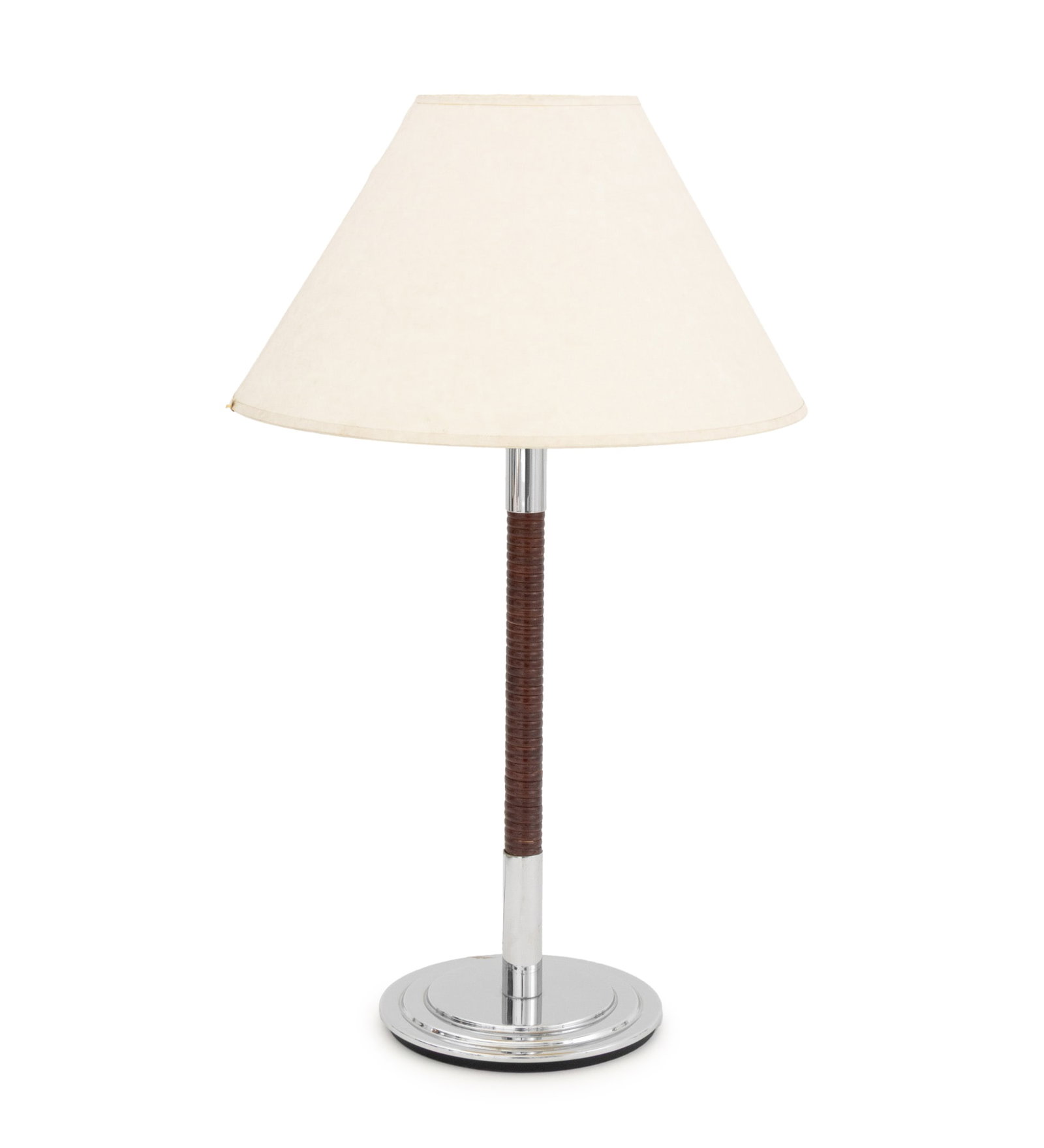 Metalarte Rattan Wrapped and Chrome Table Lamp: Metalarte Rattan Wrapped and Chrome-Plated Table Lamp, the fitting marked "Metalarte / Made in Spain", together with paper shade. Overall: 27.75" H x 16" Diameter. Provenance: An East 87th Street