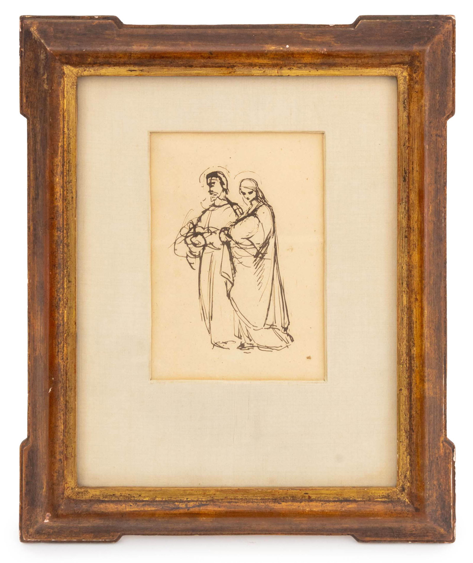 English School Holy Family Ink, 19th C.: English School, Holy Family, Ink on Paper, 19th century, unsigned, giltwood frame. Image: 5.5" H x 4" W; frame: 12" H x 10" W x 0.5" D. From a Riverdale, NY Collection. Keywords: Drawings, Works on Pa