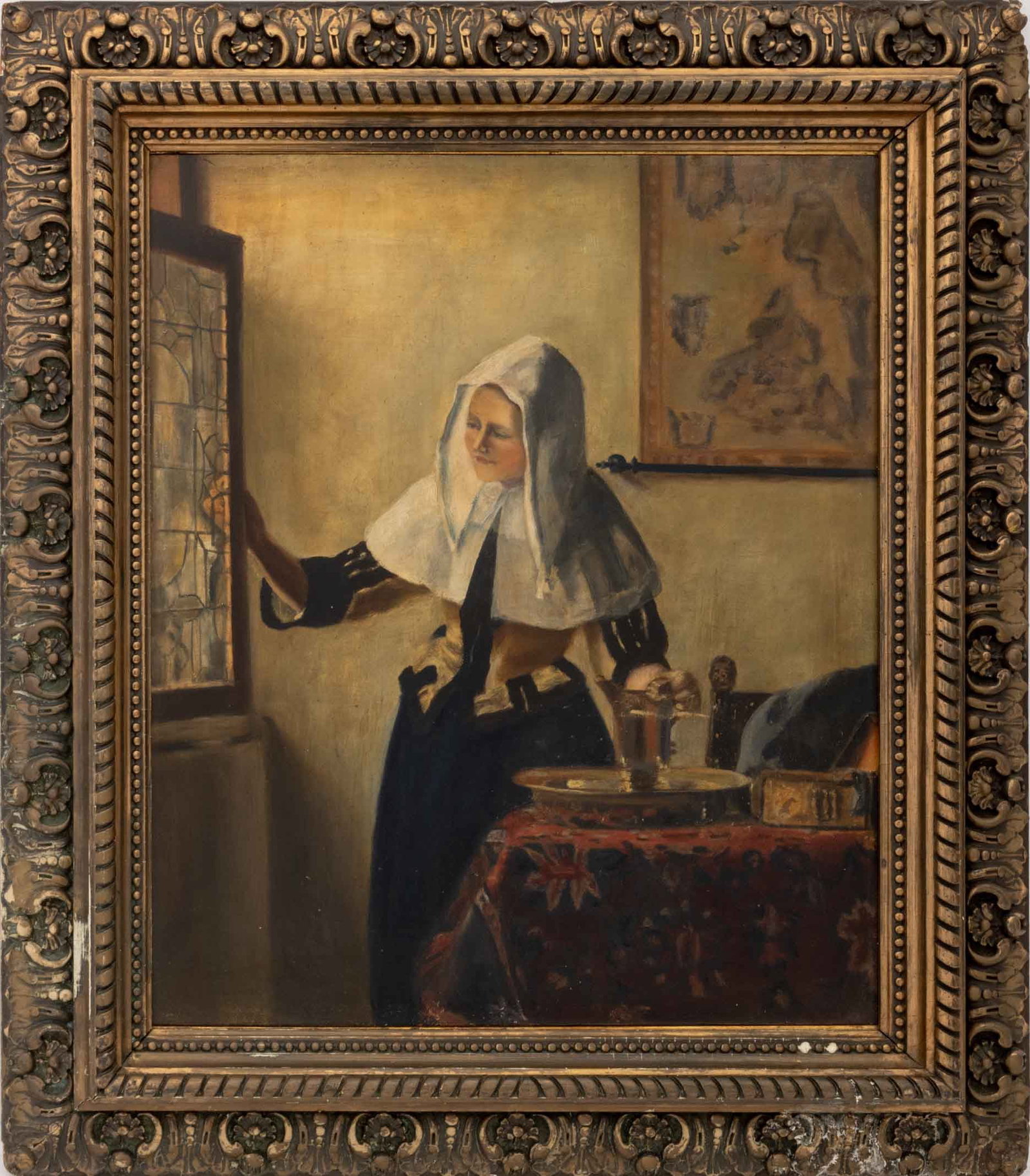 After Johannes Vermeer "Woman with a Water Jug": After Johannes Vermeer (Dutch, 1632-1675), "Woman with a Water Jug", Oil on Board, 20th century, unsigned, giltwood frame. Image: 18.25" H x 15" W; frame: 24.5" H x 21.25" W x 1.5" D. Provenance: From