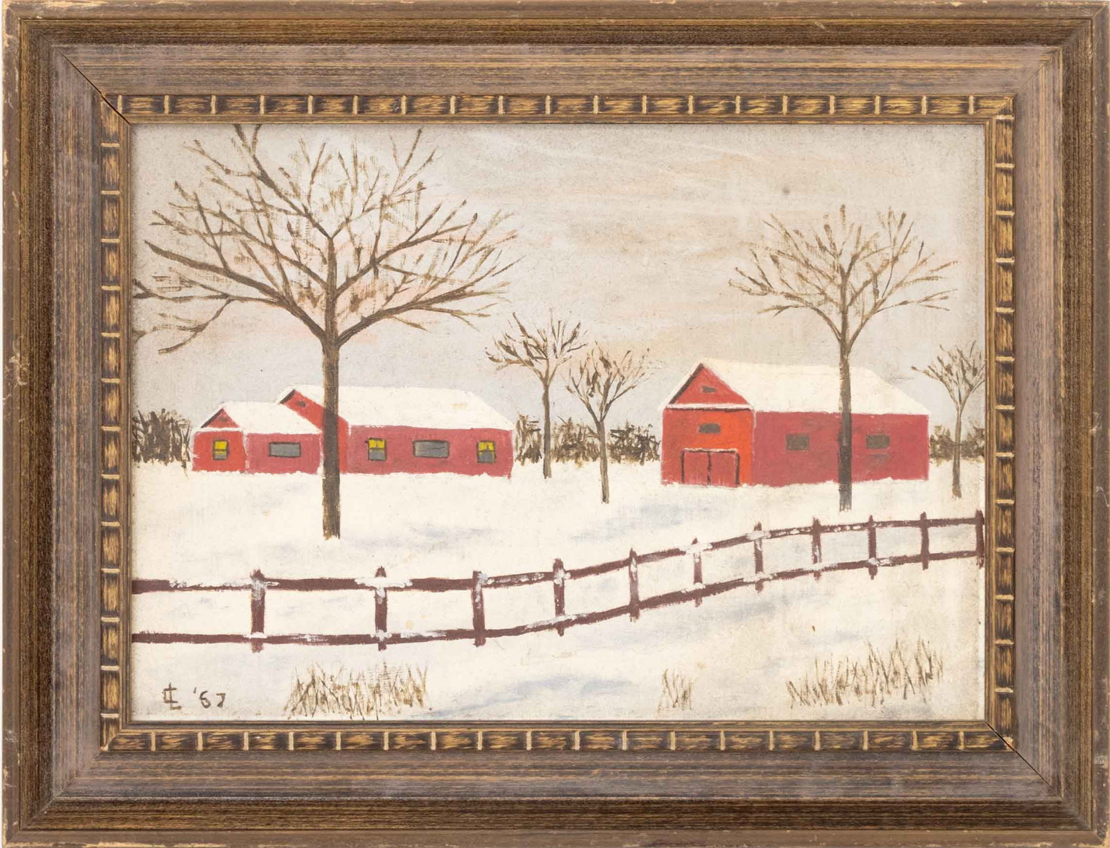 American Naive Winter Landscape Oil on Panel, 1967 (1 of 7)