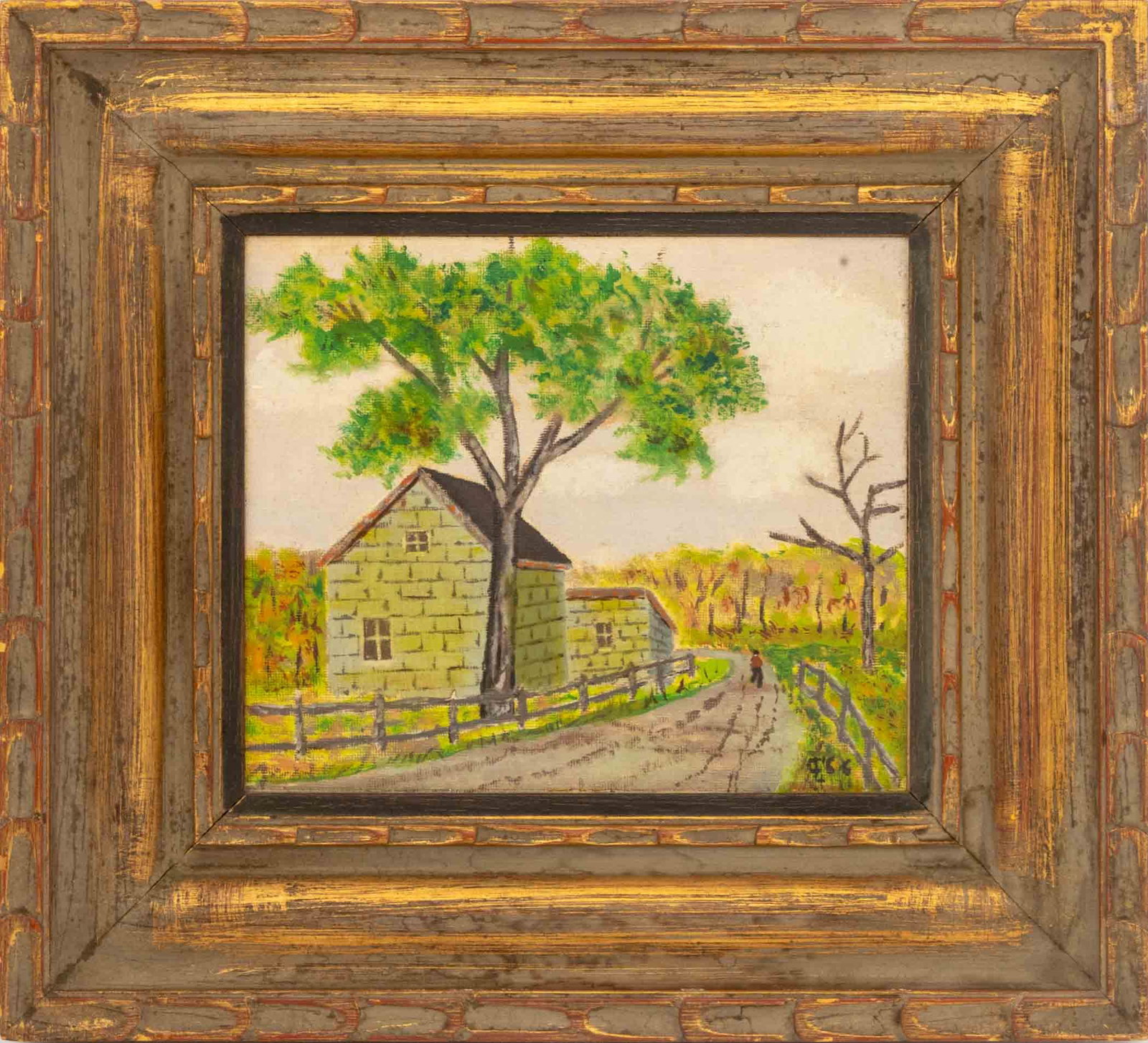 American Naive Landscape Scene Acrylic, 1966: American Naive School, Landscape Scene of a Green House, Acrylic on Canvas Panel, 1966, signed "CL" and dated lower right, giltwood frame. Image: 7.75" H x 9.25" W; frame: 14.5" H x 16" W x 1.5" D. Pr