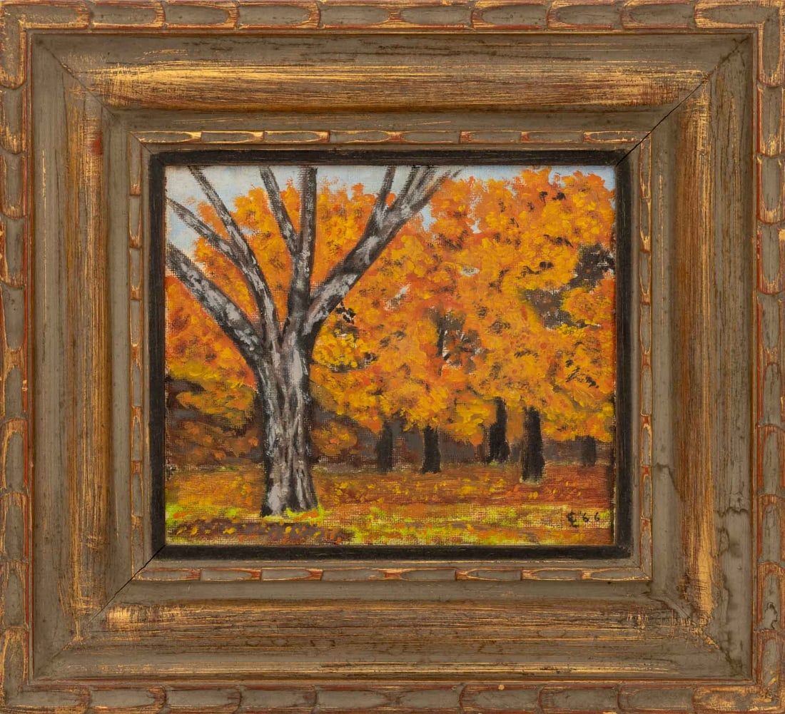 American Fall Landscape Oil on Canvas Panel, 1966: American Naive School, Autumn Landscape Scene, Oil on Canvas Panel, 1966, signed "E" and dated lower right, carved giltwood frame. Image: 8" H x 9.25" W; frame: 14.75" H x 16" W x 1.5" D. Provenance: 