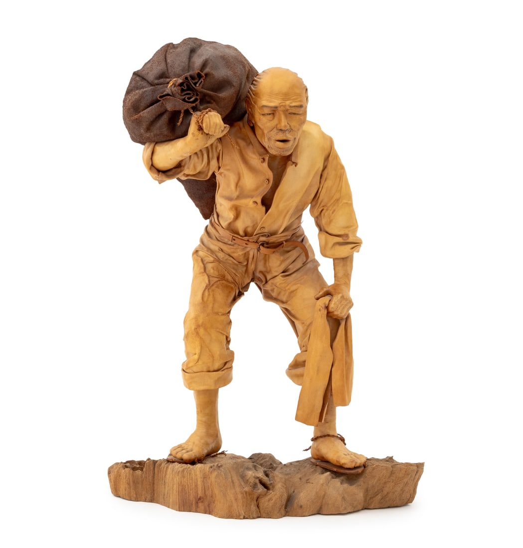 Chan Liu-Miao Man Carrying a Sack Sculpture: Chan Liu-Miao (Taiwanese, b. 1946) Man Carrying a Sack Sculpture, leather and wood, signed and numbered "Chan. PC7" to belt reverse. 19.75" H x 13.25" W x 9.75" D. Provenance: From an Upper East Side 