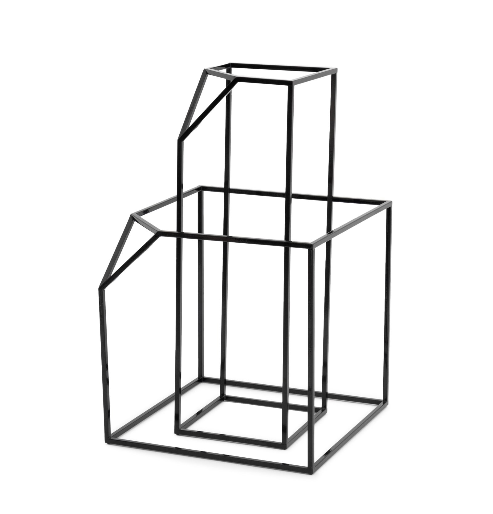 Ron Gilad for Designfenzider Clipped "Spaces", 2: Two Ron Gilad for Designfenzider Clipped Shape "Spaces" Sculptures, black enameled metal, one clipped cube and one clipped rectangle, marked to bases. Taller: 18" H x 6" W x 6" D. Provenance: From an 