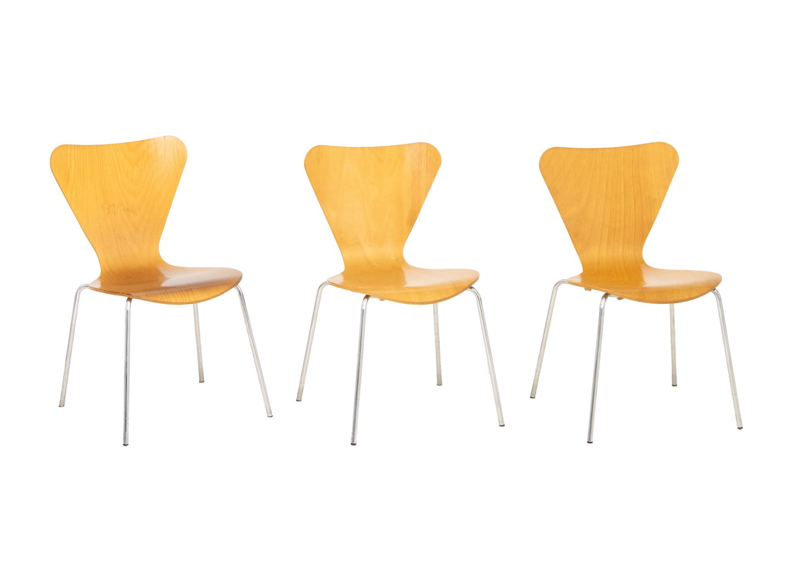 Fritz Hansen Series 7 Side Chairs, 3: Set of Three Arne Jacobsen for Fritz Hansen Series 7 Side Chairs, plywood shells on tubular chrome legs. 31" H x 17.75" W x 15" D; seat: 17" H. Provenance: The Morningside Heights Estate of an Academi