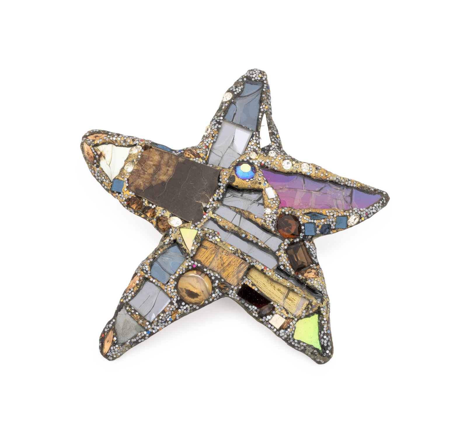 Andrew Logan "Prehistory" Brooch, 1992: Andrew Logan (English, b. 1945) "Prehistory" Brooch, 1992, glass, gems, and calcite crystal set in resin with glitter in star form, signed, titled, and dated to reverse. 5.25" L x 5" W. Provenance: Fr