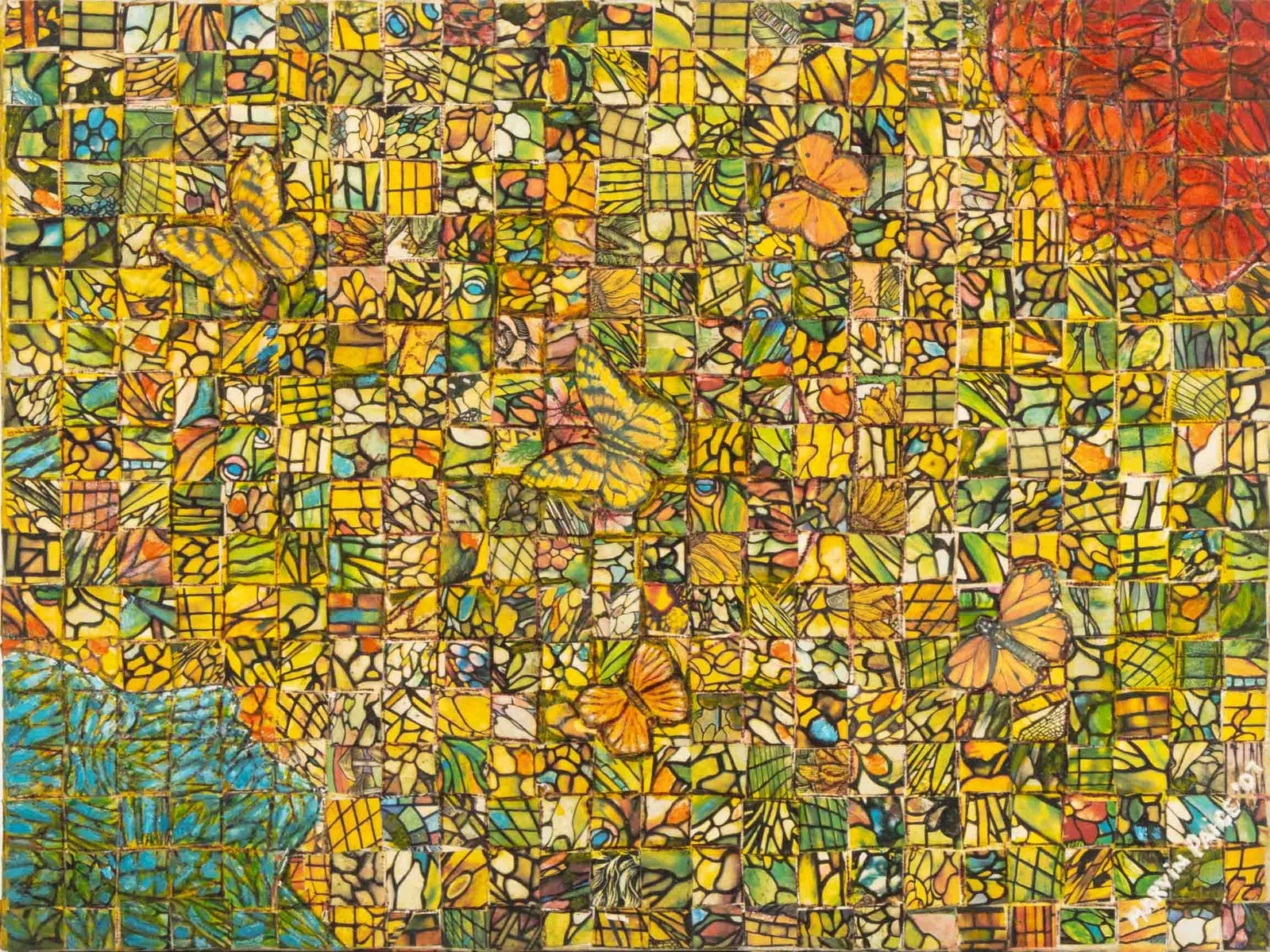 Marvin Paige Butterfly Mosaic Mixed Media, 2007: Marvin Paige (XX), Butterfly Mosaic, Mixed Media Collage on Canvas, 2007, signed and dated lower left, unframed. 12" H x 9" W x 0.5" D. Provenance: From an Upper East Side Estate. Keywords: Works on C