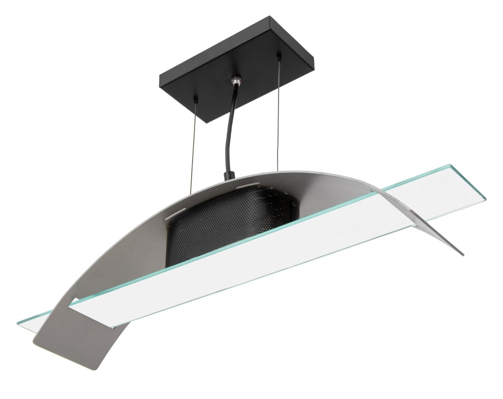 Postmodern Aluminum and Glass Pendant Lamp: Postmodern Aluminum and Glass Pendant Lamp. 16" H x 28.25" W x 5" D. Provenance: From a New York City Collection. Keywords: Lighting, Chandelier, Hanging ceiling light, Space Age, Vintage Lamps,