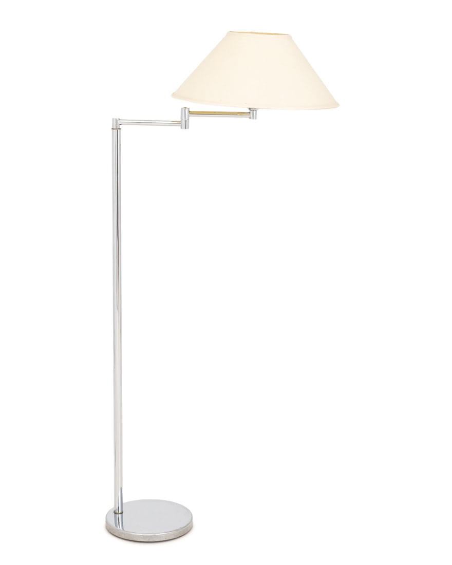 Nessen Studio Swing-Arm Chrome Floor Lamp: Nessen Studio Swing-Arm Chrome Plated Floor Lamp, with white glass shade and articulated arm on circular base. Overall extended: 56" H x 26" W x 10" D. Provenance: An East 87th Street Collection. Keyw