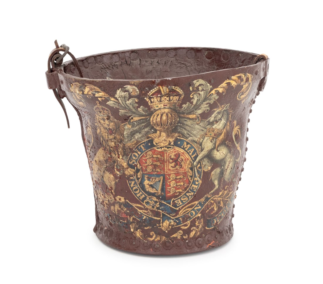 English Leather Fire Bucket, ca. 1870: English Leather Fire Bucket, circa 1870, decorated with the Royal Coat of Arms on a red ground. 10.5" H x 11.75" Diameter. Provenance: From a West End Avenue Collection. Keywords: Victorian Period,