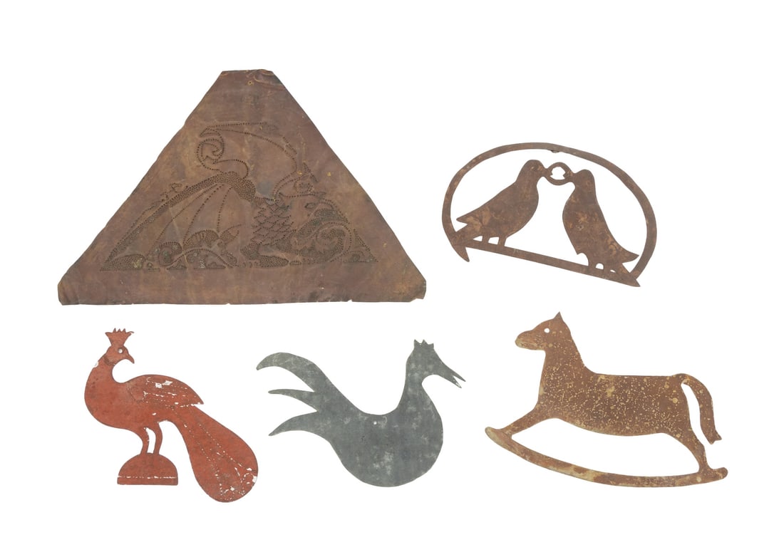 American Sheet Metal Animal Form Sculptures, 5: Collection of Five American Sheet Metal Animal Form Sculptures, comprising: a rocking horse form, a rooster form, a red painted peacock form, a pair of lovebirds, and a triangular plaque with