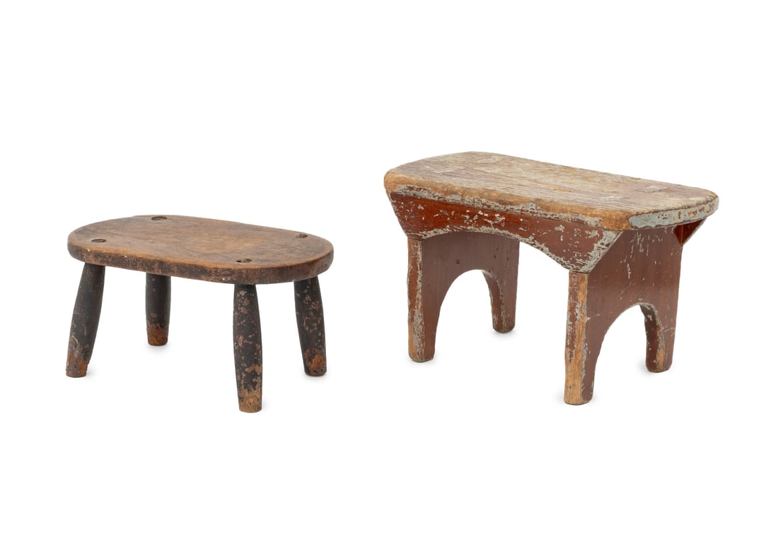 American Folk Art Carved Wood Oval Stools, 2: Two American Folk Art Carved Wood Oval Stools, one with paint residue. 8.75" H x 15" W x 7" D. Provenance: From a 21 East 87th Street Estate. Keywords: Antique Furniture, American Furniture, Milking s