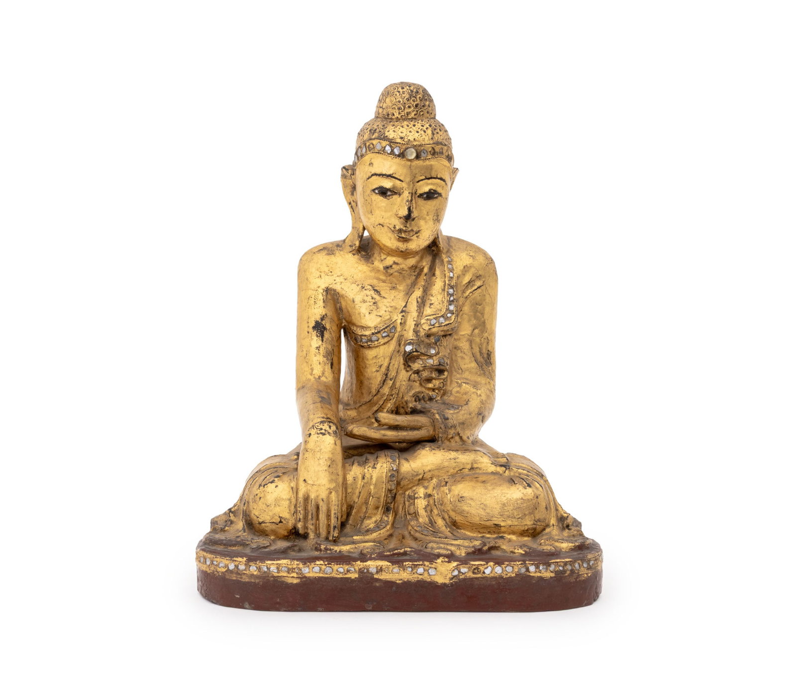 Burmese Seated Buddha Giltwood Sculpture: Burmese Seated Buddha Giltwood Sculpture, with inset mirror glass accents atop a red lacquered base. 16" H x 12.25" W x 8.5" D. Provenance: From a New Mexico Collection. Keywords: Burma, Myanmar, Asia