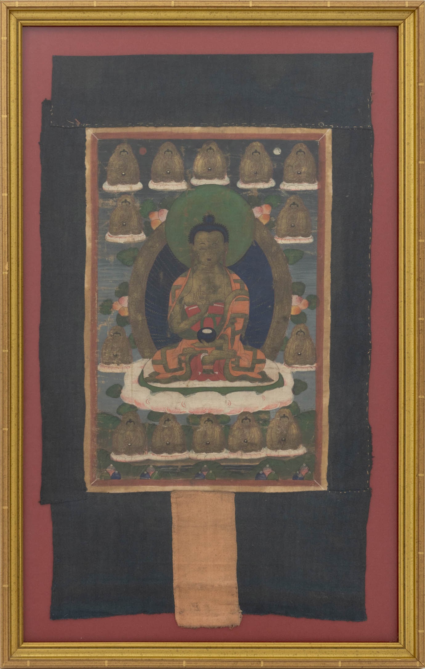 Tibetan Shakyamuni Buddha Thangka: Tibetan Shakyamuni Buddha Thangka, gouache and pigment on fabric, giltwood frame. Image: 16" H x 10.25" W; frame: 29.5" H x 18.75" W x 1" D. Provenance: From a New Mexico Collection. Keywords: Himalay