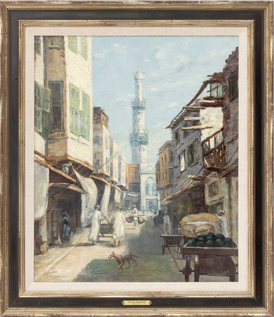 North African Souk Street Scene Oil on Canvas: 20th Century School, North African Souk Market Street Scene (Cairo), Oil on Canvas, bearing signature "Bonnard" and dated "1902" lower right, silvered wood frame. Image: 21.25" H x 17.5" W; frame: 27"