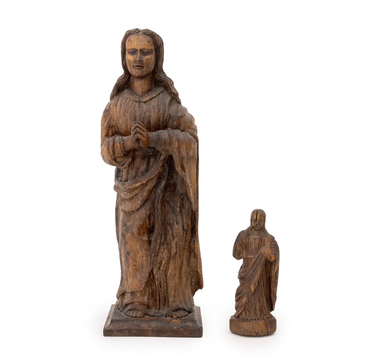 French Saints Carved Oak Sculptures, 18th C., 2: Two French Standing Saint Carved Oak Sculptures, 18th century. Larger: 26.25" H x 9" W x 7.25" D. Provenance: From a New Mexico Collection. Keywords: French Arts, European Art, Religious Art, Continen
