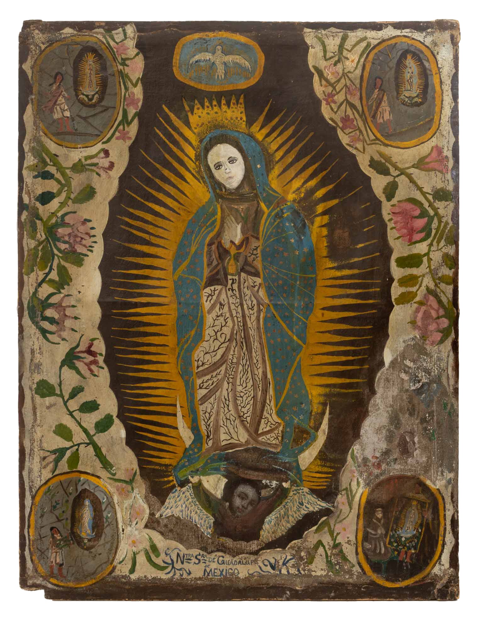 Mexican "Nuestra Senora de Guadalupe" Oil, 19th C.: Mexican School, "Nuestra Senora de Guadalupe", Oil on Canvas, 19th century or earlier, titled lower center, unframed. 43.5" H x 33" W x 1" D. Provenance: From a New Mexico Collection. Keywords: Our