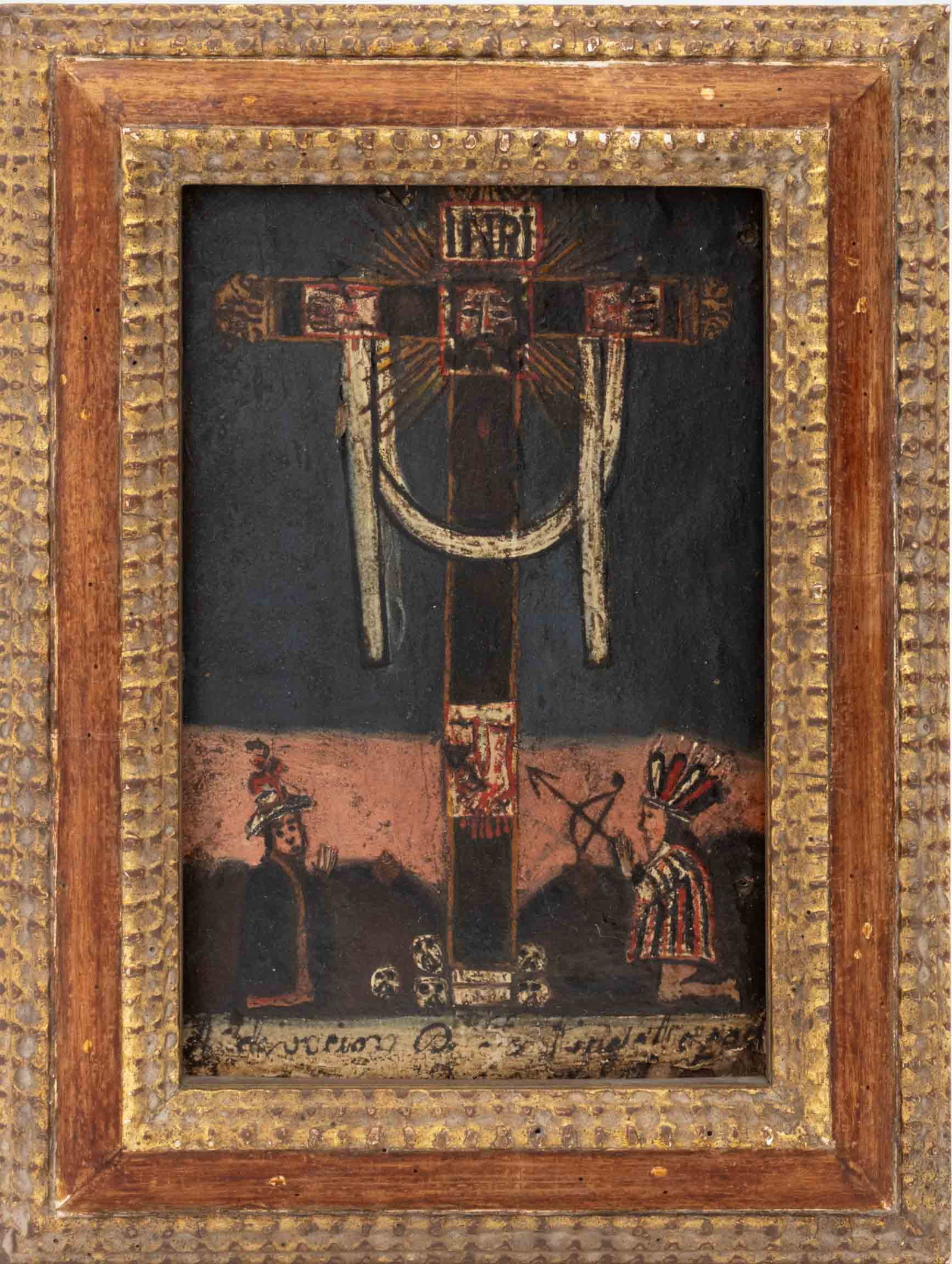 Mexican Retablo of The Crucifixion Oil: Mexican School, Retablo of The Crucifixion, Oil on Panel, illegibly handwritten mark lower center, giltwood frame. Image: 9.5" H x 6.25" W; frame: 13.5" H x 10.25" W x 1" D. Provenance: From a New