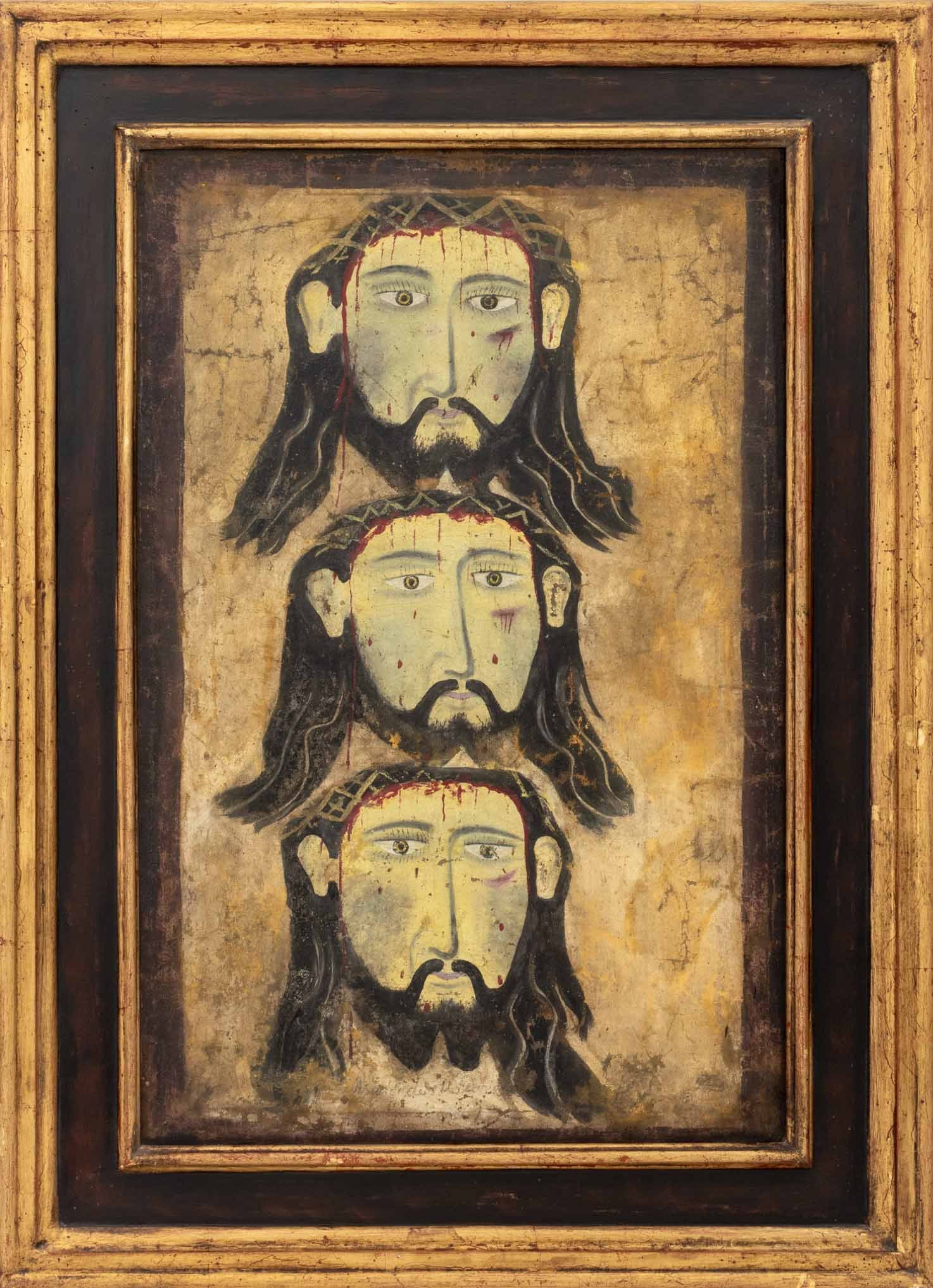 Mexican School "El Divino Rostro" Oil on Canvas: Mexican School, "El Divino Rostro" [Holy Trinity], Oil on Canvas, inscribed lower center, giltwood frame. Image: 27.75" H x 18" W; frame: 35.5" H x 26" W x 1.5" D. Provenance: From a New Mexico