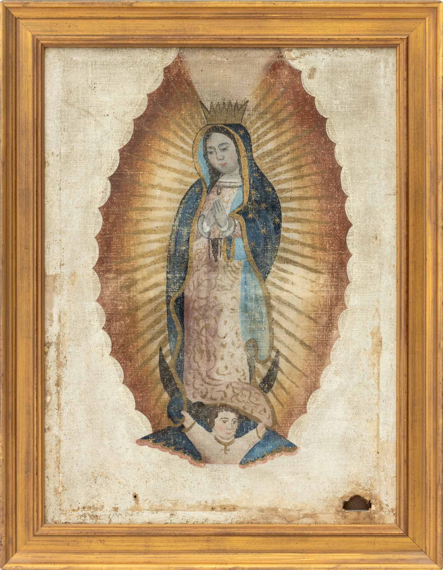Mexican "Our Lady of Guadalupe" Oil, 19th C.: Mexican School, "Our Lady of Gaudalupe", Oil on Canvas, 19th century, giltwood frame. Image: 22" H x 16" W; frame: 26.75" H x 20" W x 1.25" D. Provenance: From a New Mexico Collection. Keywords: