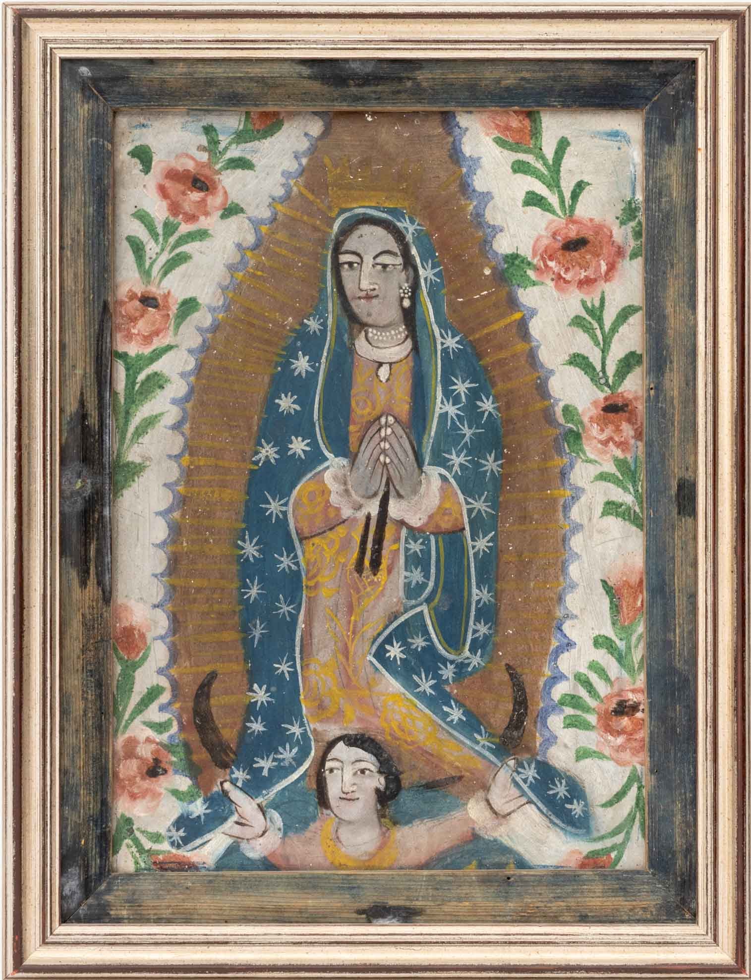 Mexican "Our Lady of Guadalupe" Oil, 19th C.: Mexican School, "Our Lady of Guadalupe", Oil on Board, 19th century, silvered wood frame. Image: 13.5" H x 9.25" W; frame: 17.25" H x 13.25" W x 1" D. Provenance: From a New Mexico Collection.