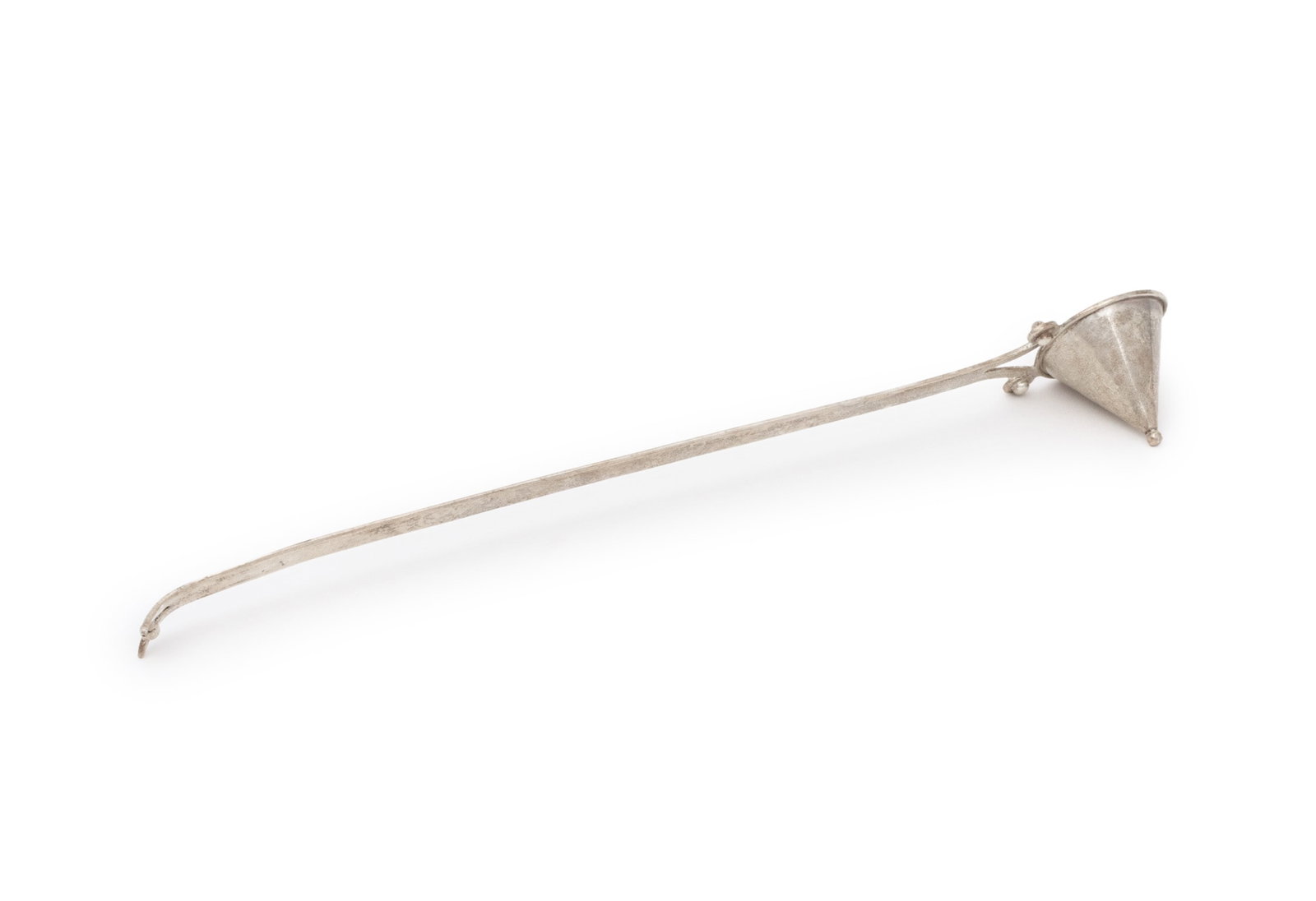 Mexican Sterling Silver Candle Snuffer: Mexican Sterling Silver Candle Snuffer, struck with marks for Sansborn, Mexico City, and marked "Hecho en Mexico D.F. / RRR / 925 MM" to handle. Weight: 3.24 ozt.; 14.5" L x 2" Diameter. Provenance:
